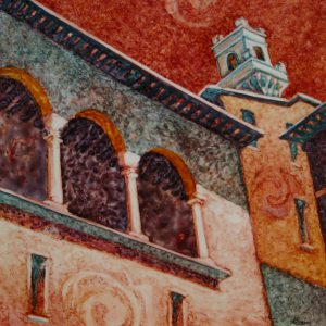 Watercolor of buildings in Montelpuciano, Italy