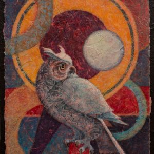 VA Artist Robyn Ryan Acrylic Layers Painting of young Great Horned Owl
