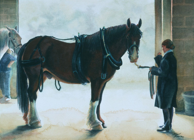 Watercolor painting of driving horse and groom