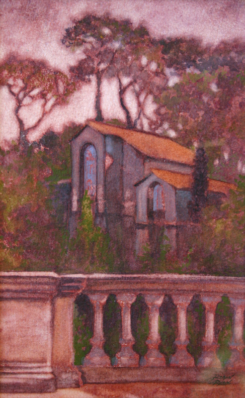 Watercolor of buildings in Borgesse park, in Rome, Italy