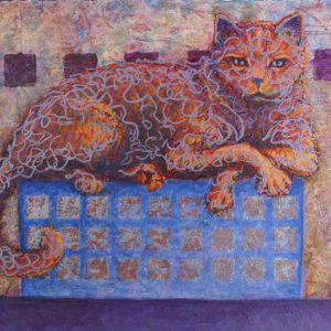 Cat resting on box mixed media painting