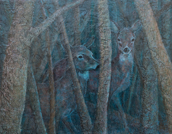 Mixed Media painting of two deer in woods