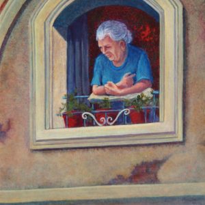 Acrylic painting of woman watching from upstairs window