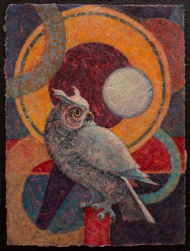 VA Artist Robyn Ryan Acrylic Layers Painting of young Great Horned Owl