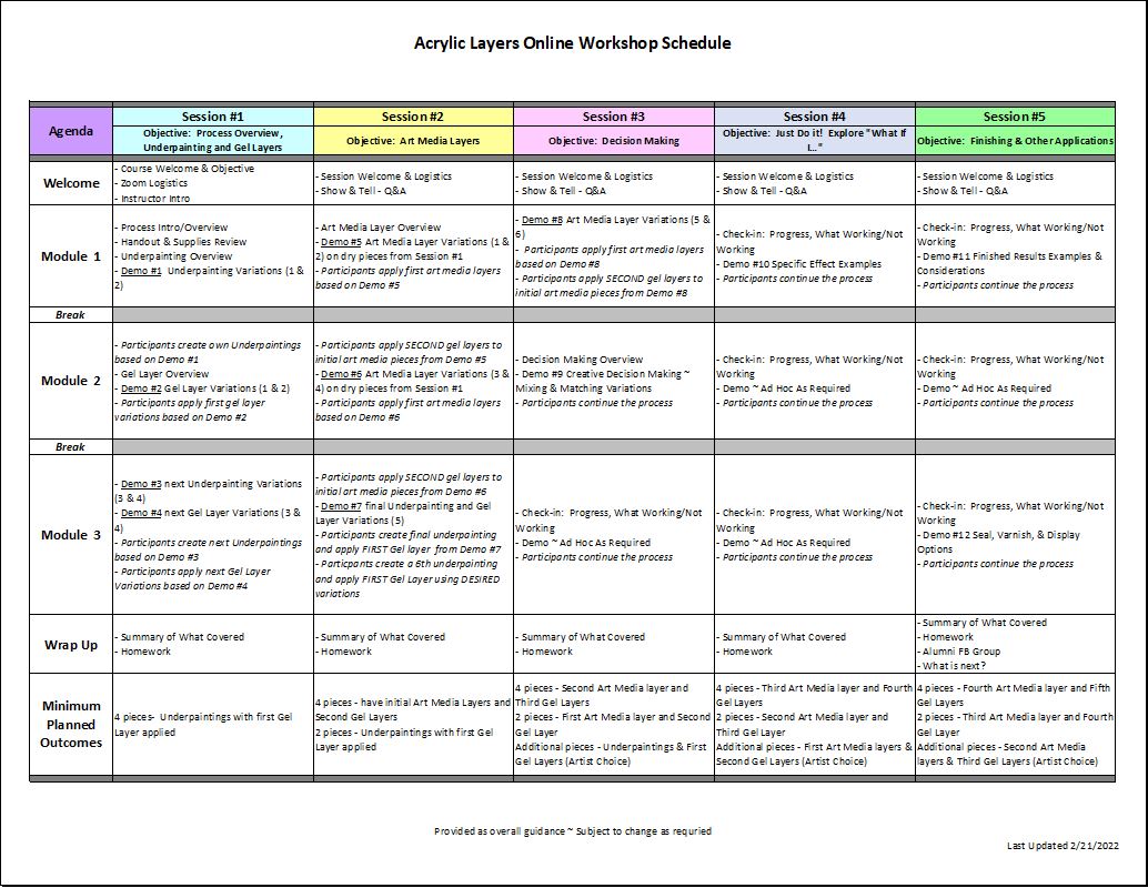 Acrylic Layers Workshop Schedule at a Glance