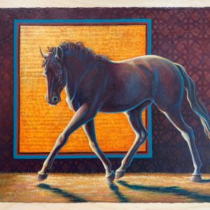 Acrylic & Collage painting of trotting black horse backlit