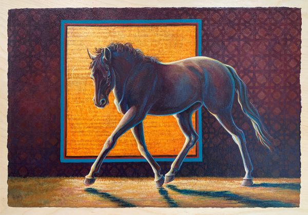 Acrylic & Collage painting of trotting black horse backlit