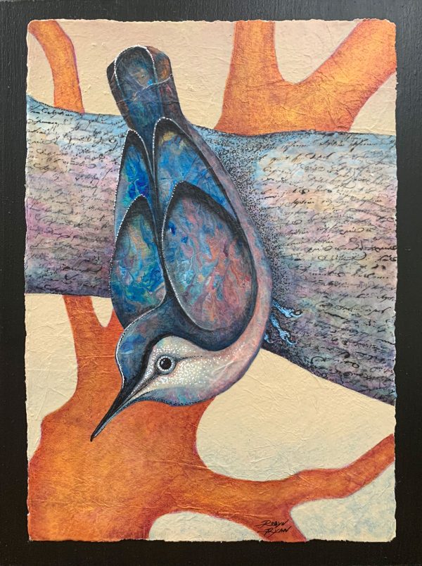 Mixed Media Collage painting of nuthatch by Robyn Ryan