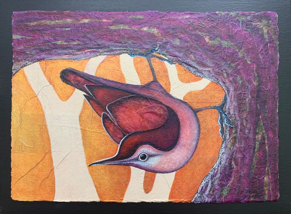 Mixed Media Collage painting of nuthatch by Robyn Ryan