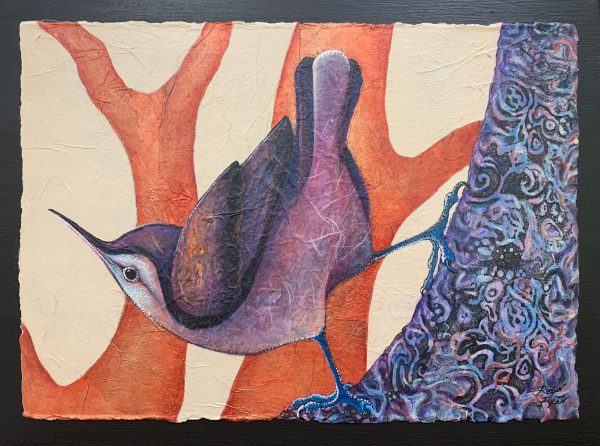 Mixed Media Collage painting of Nuthatch on tree by Robyn Ryan