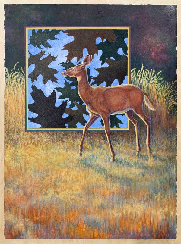 Acrylic painting of doe in field seeking shelter in woods