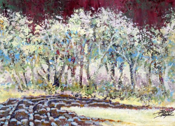 Robyn Ryan Gouache Pleine Air Painting backlit cottonwoods at Tyuonyi ruins