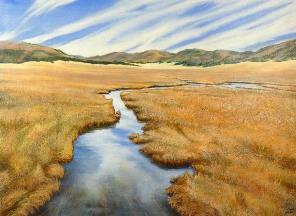 Robyn Ryan Virginia Artist Mixed Media Collage painting of South Fork of Jemez River at the Valles Caldera; New Mexico Landscape