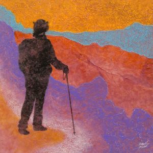 Robyn Ryan, Virginia Artist, Acrylic Layers & Mixed Media Collage painting of hiker with backpack and walking stick at Bandelier National Monument; New Mexico Nature Experience