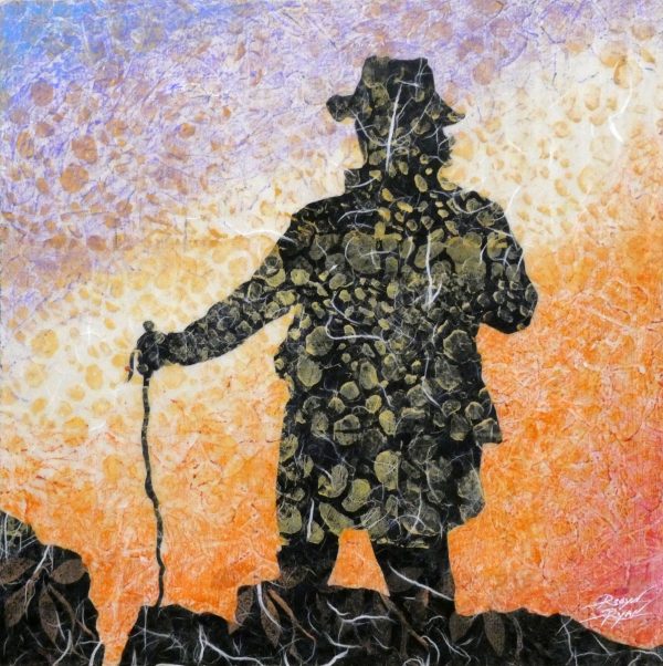 Robyn Ryan, Virginia Artist, Acrylic Layers & Mixed Media Collage painting of hiker with walking stick at Bandelier National Monument; New Mexico Nature Experience