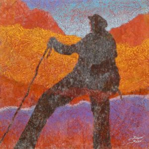 Robyn Ryan, Virginia Artist, Acrylic Layers & Mixed Media Collage painting of hiker selfie with walking stick at Bandelier National Monument; New Mexico Nature Experience