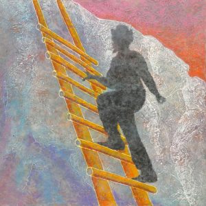 Robyn Ryan, Virginia Artist, Acrylic Layers & Mixed Media Collage painting of hiker on Tsankawi ladder at Bandelier National Monument; New Mexico Nature Experience