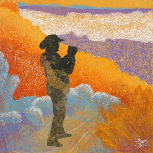 Robyn Ryan, Virginia Artist, Acrylic Layers & Mixed Media Collage painting of hiker with camera at Bandelier National Monument; New Mexico Nature Experience