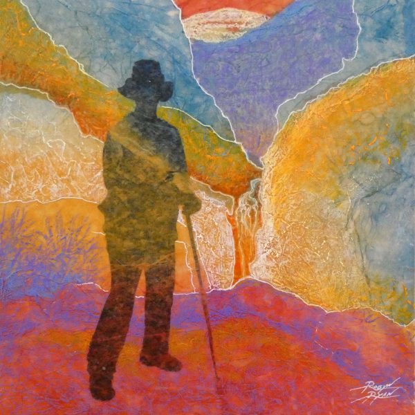 Robyn Ryan, Virginia Artist, Acrylic Layers & Mixed Media Collage painting of hiker with walking stick near High Falls at Bandelier National Monument; New Mexico Nature Experience