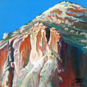 Robyn Ryan Virginia Artist Gouache Pleine Air painting of rock formations above long house in Frijoles Canyon at Bandelier National Monument New Mexico Landscape