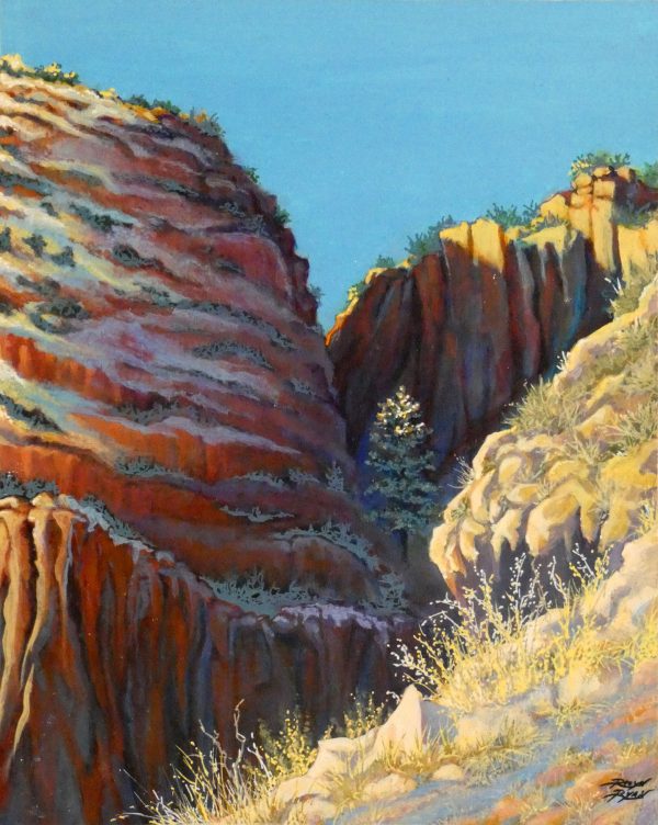 Robyn Ryan Virginia Artist Acrylic Pleine Air painting of view from Frey Trail in Frijoles Canyon at Bandelier National Monument; New Mexico Landscape