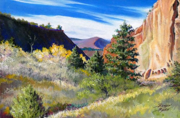 Robyn Ryan Virginia Artist Gouache Pleine Air painting of Frijoles Canyon at Bandelier National Monument; New Mexico Landscape