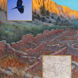 Robyn Ryan Virginia Artist Mixed Media Collage painting of Tyuonyi Ruins in Frijoles Canyon at Bandelier National Monument New Mexico Landscape