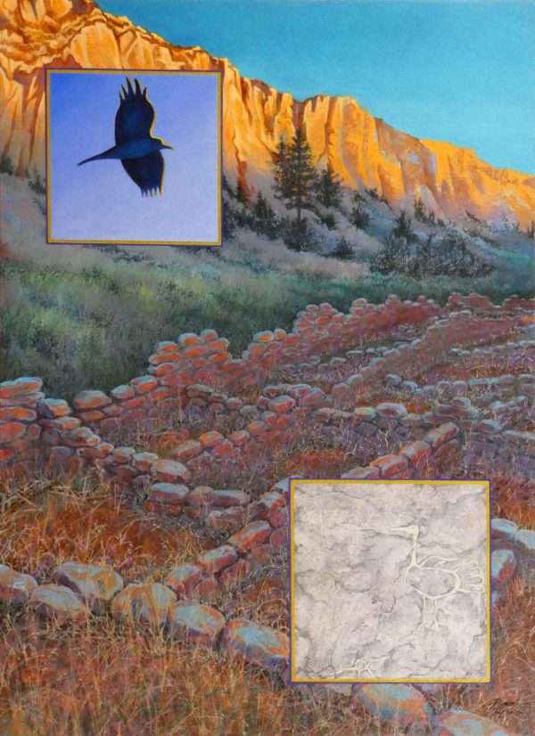 Robyn Ryan Virginia Artist Mixed Media Collage painting of Tyuonyi Ruins in Frijoles Canyon at Bandelier National Monument New Mexico Landscape