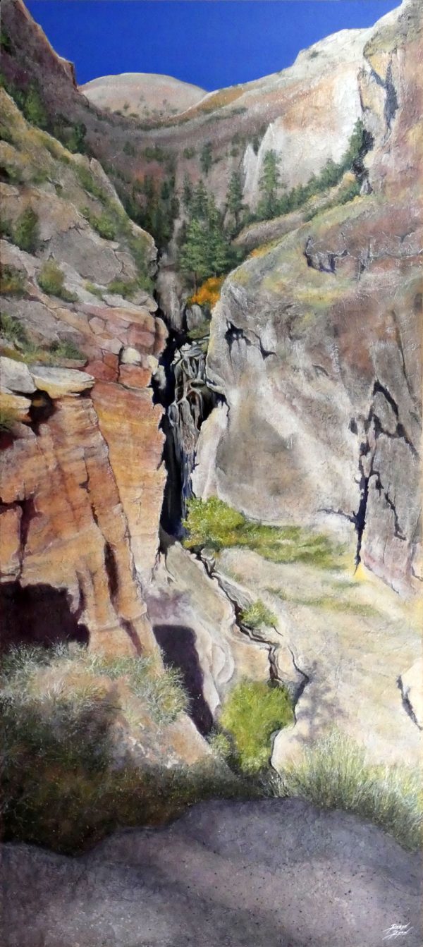 Robyn Ryan Virginia Artist Acrylic Layers & Mixed Media Collage painting of the High Falls vista in Frijoles Canyon at Bandelier National Monument; New Mexico Landscape