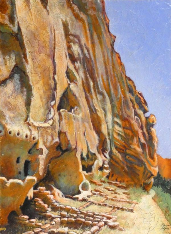 Robyn Ryan Virginia Artist Acrylic Layers painting of Long House Ruins in Frijoles Canyon at Bandelier National Monument; New Mexico Landscape
