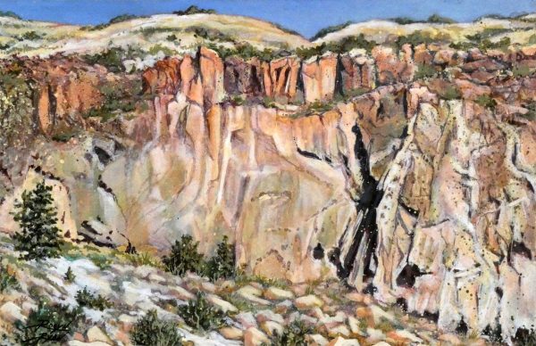 Robyn Ryan Virginia Artist Acrylic Pleine Air painting of cavates and rock formations in North Rim in Frijoles Canyon at Bandelier National Monument; New Mexico Landscape