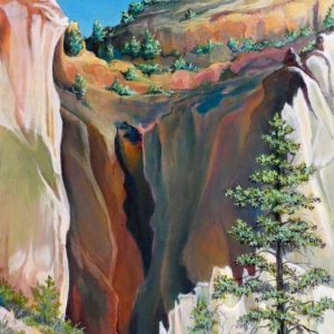 Robyn Ryan Virginia Artist Acrylic Pleine Air painting of niche and rock formations in North Rim in Frijoles Canyon at Bandelier National Monument; New Mexico Landscape
