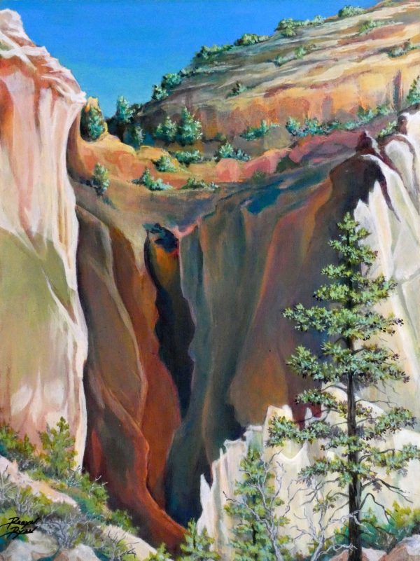 Robyn Ryan Virginia Artist Acrylic Pleine Air painting of niche and rock formations in North Rim in Frijoles Canyon at Bandelier National Monument; New Mexico Landscape