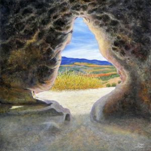 Robyn Ryan, Virginia Artist, Acrylic Layers painting of Tsankawi cavate interior at Bandelier National Monument; New Mexico Landscape