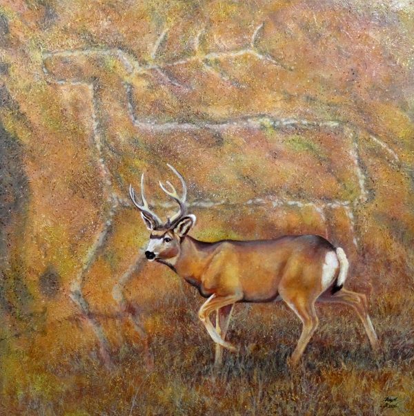 Robyn Ryan, Virginia Artist, Acrylic Layers painting of mule deer and Tsankawi deer petroglyph at Bandelier National Monument; New Mexico Wildlife & History