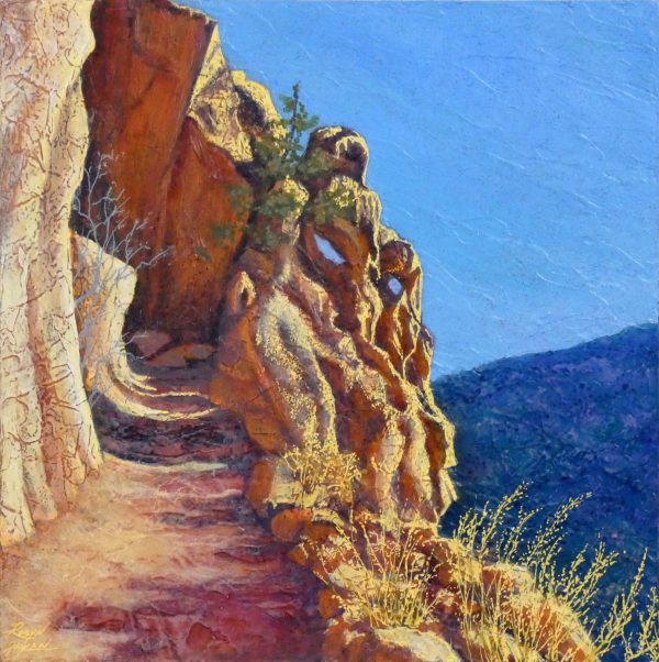 Robyn Ryan, Virginia Artist, Acrylic Layers painting of Frey Trail at Bandelier National Monument; New Mexico Landscape