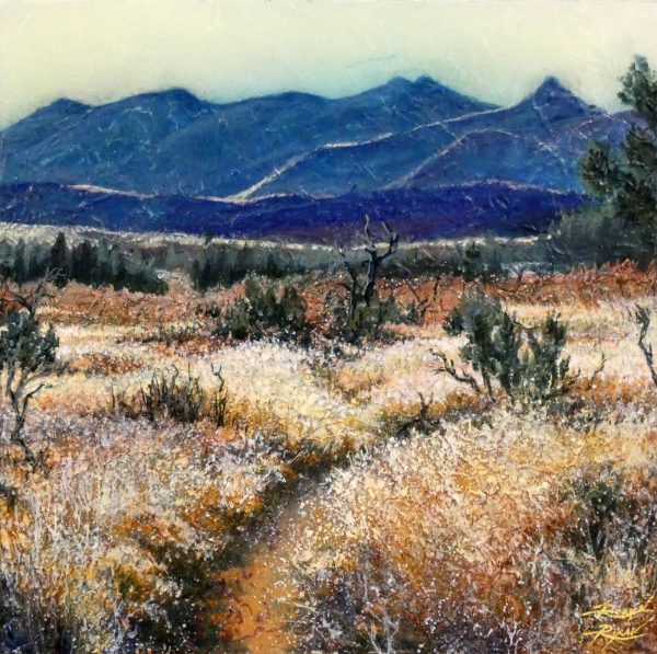 Robyn Ryan, Virginia Artist, Acrylic Layers painting of Jemez mountains and mesa at Bandelier National Monument; New Mexico Landscape