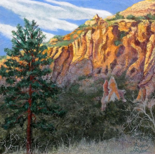 Robyn Ryan, Virginia Artist, Acrylic Layers painting of North Rim with afternoon light at Bandelier National Monument; New Mexico Landscape