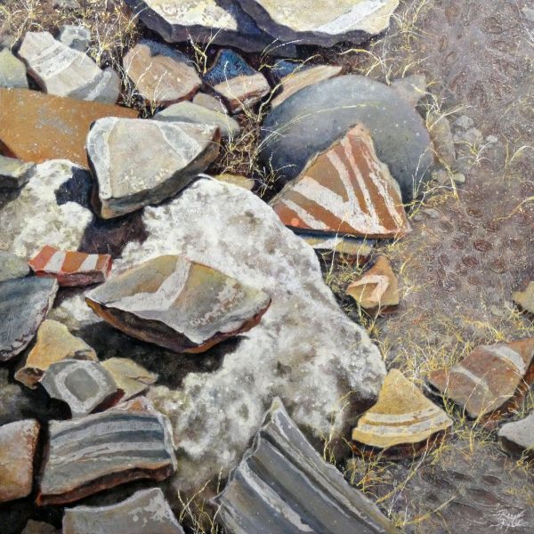 Robyn Ryan, Virginia Artist, Acrylic Layers painting of shards and footprints at Tsankawi at Bandelier National Monument; New Mexico Landscape