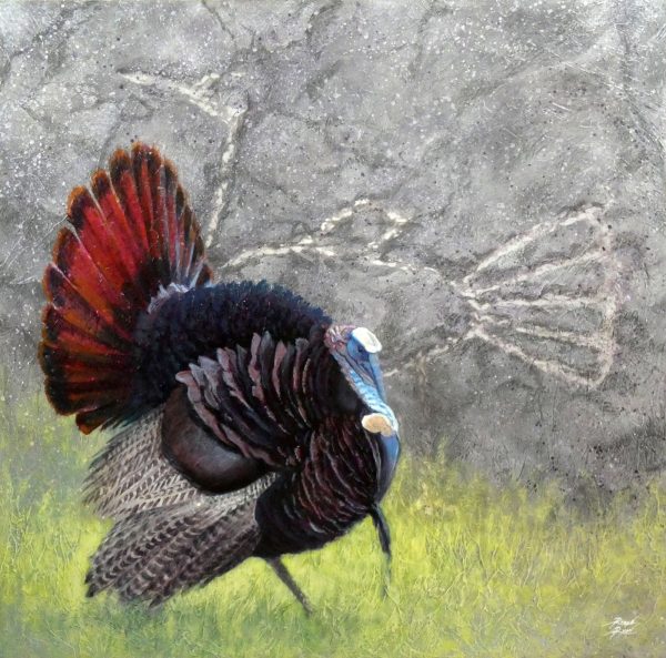 Robyn Ryan, Virginia Artist, Acrylic Layers painting of wild turkey and turkey petroglyph at Bandelier National Monument; New Mexico Wildlife & History