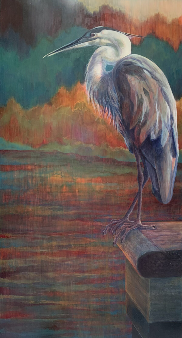 Acrylic painting on yupo paper of blue heron on edge of dock by Virginia Artist Robyn Ryan