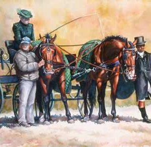 Watercolor of grooms and driver preparing for dressage phase at combined driving event, by Virginia Artist Robyn Ryan