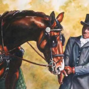 Watercolor of groom preparing for dressage phase at combined driving event, by Virginia Artist Robyn Ryan