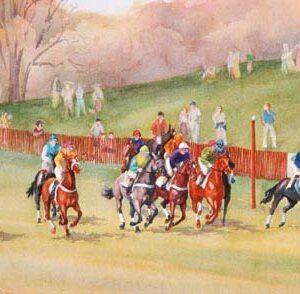 Watercolor of start at Oatlands races, by Virginia Artist Robyn Ryan