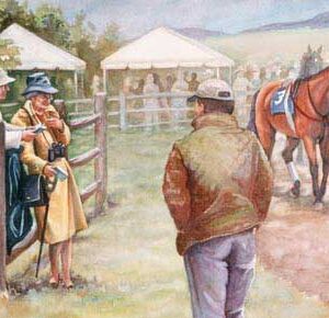 Watercolor of paddock scene at Oatlands races, by Virginia Artist Robyn Ryan