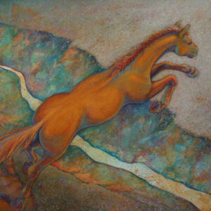 Watercolor of surreal jumping horse over Rio Grande gorge, by Virginia Artist Robyn Ryan
