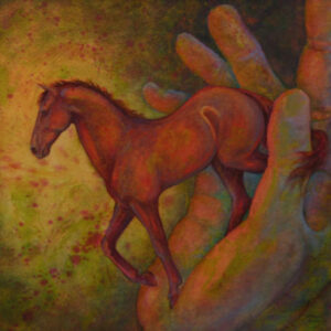 Leap of Faith, surreal watercolor of hand with horse prepared to jump out of it by Virginia Artist Robyn Ryan
