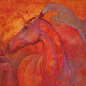 Watercolor of surreal horse, jumping horse, and hand, by Virginia Artist