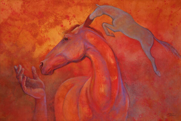 Watercolor of surreal horse, jumping horse, and hand, by Virginia Artist