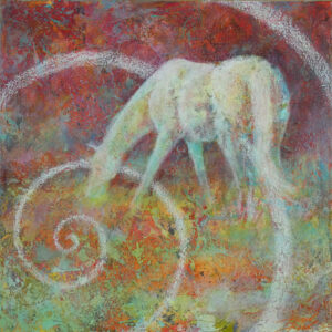 Mixed media painting of horse with spontaneous colors and spiral by VA artist Robyn Ryan